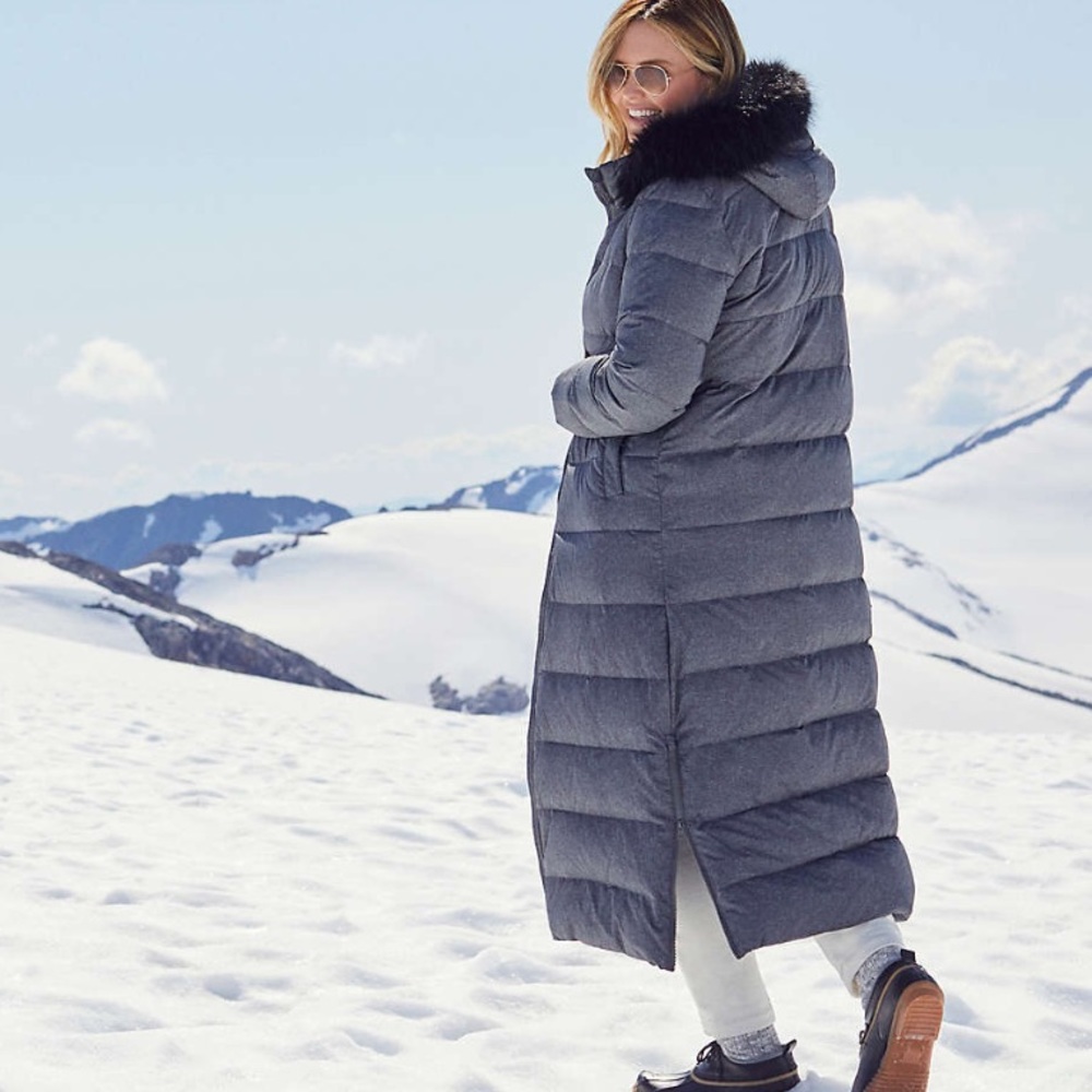 Lands’ End Quilted Down Puffer Maxi Coat Faux Fur Hood Gem